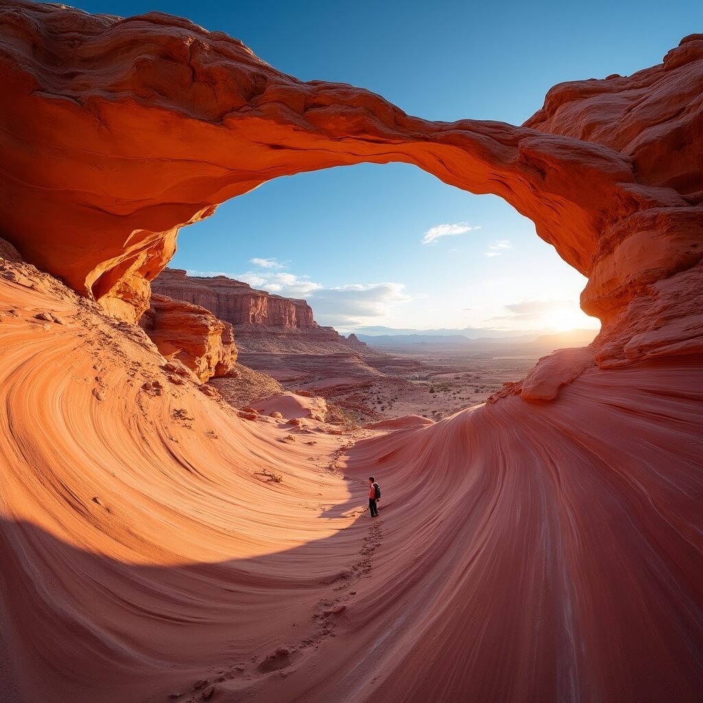 Lone hiker viewing Fire Wave rock formation in Valley of Fire State Park during golden hour, highlighting red, orange, and cream-colored sandstone bands under a deep blue sky