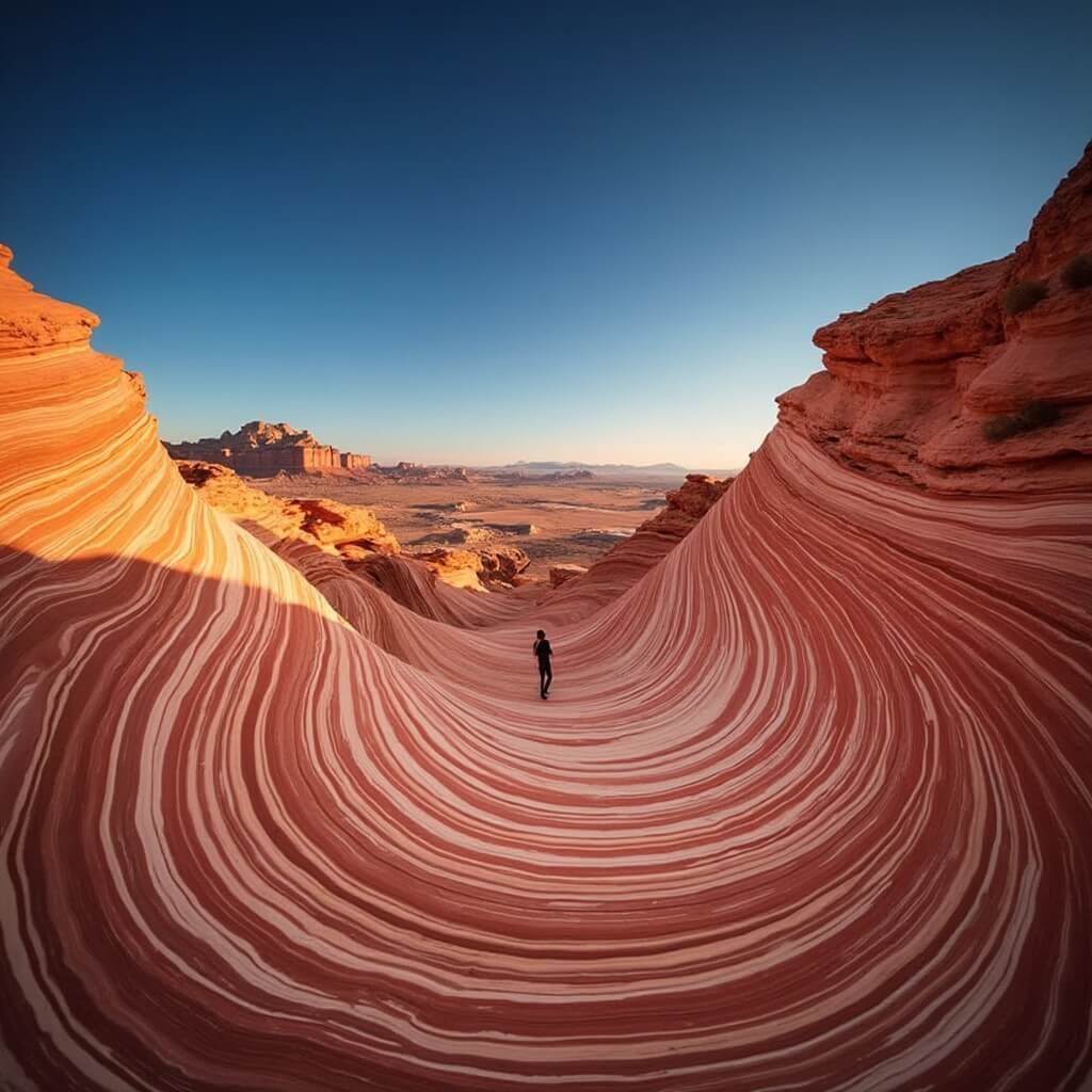 A hiker in silhouette at golden hour in Valley of Fire State Park, standing on swirling red, orange, and cream-colored Fire Wave rock formation under a blue sky with wisps of cloud