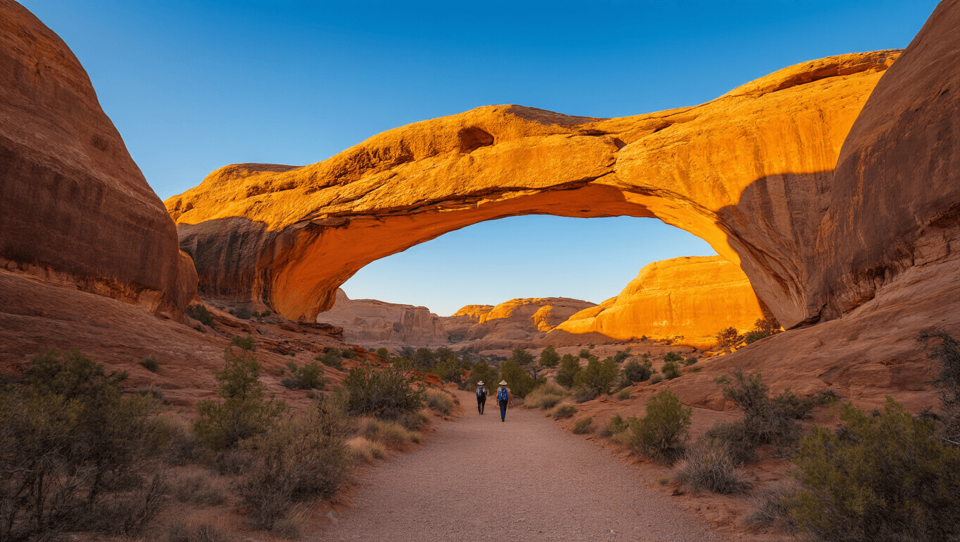 "Towering 306-foot Landscape Arch glowing amber in the early morning light, surrounded by jagged orange rocks, with hikers on trail below for scale at Arches National Park"