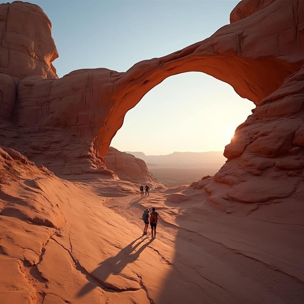 Landscape Arch aglow at sunrise in Arches National Park with two distant hikers for scale, framed by dramatic red rock fins