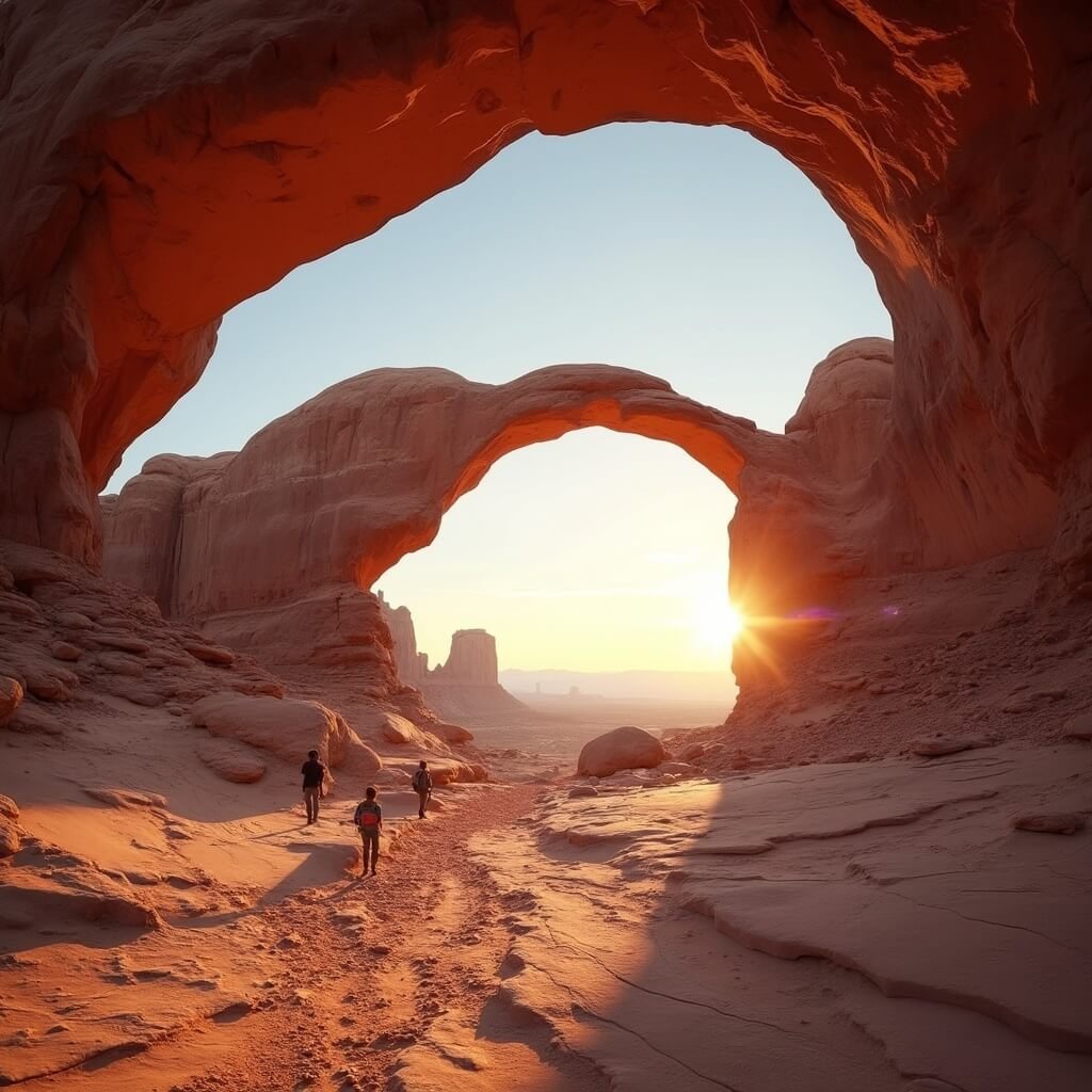 Hikers at sunrise under the Landscape Arch in Arches National Park with red rock formations and long shadows