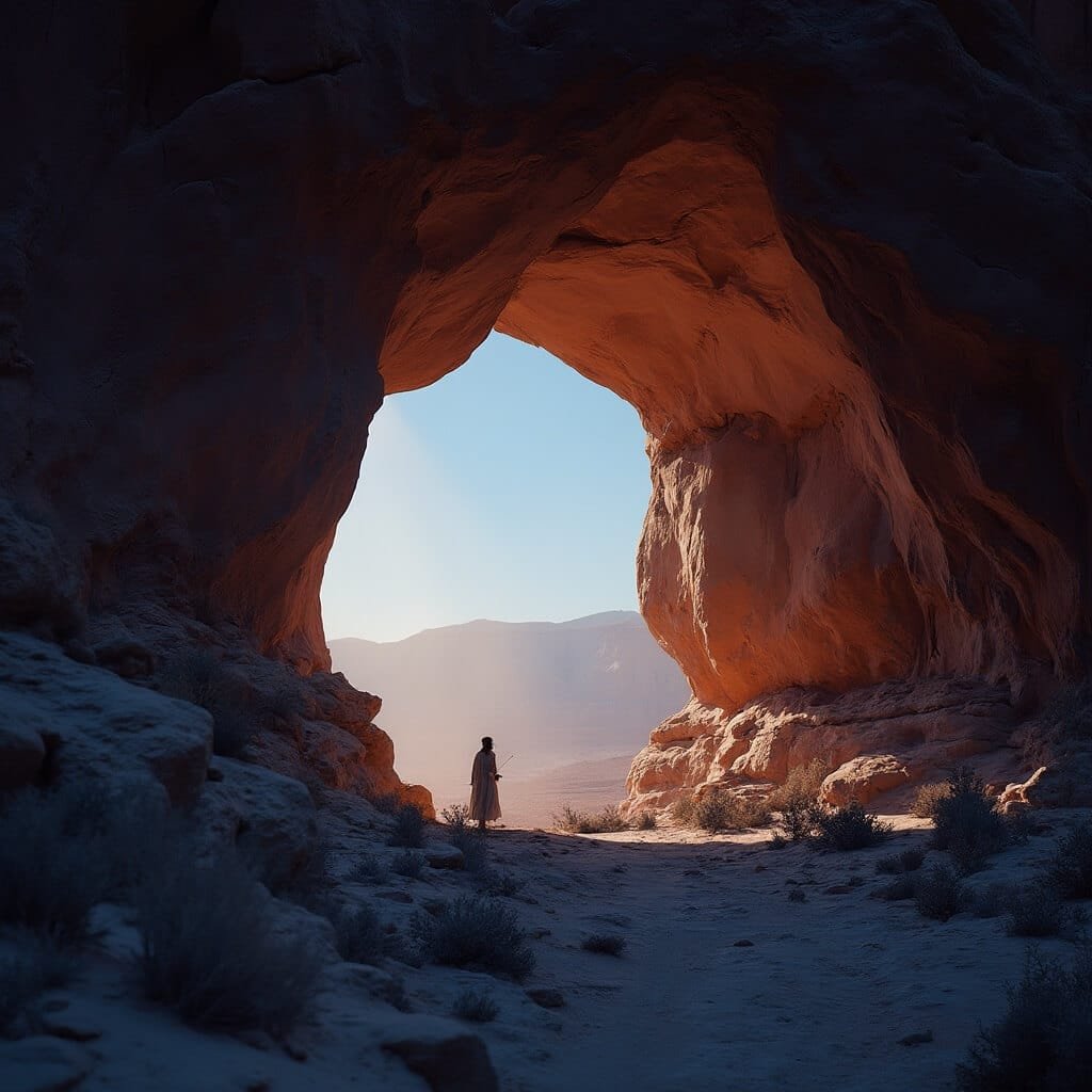 Single person standing beneath Navajo Arch at dusk, framed by soft warm light and cool blue shadows