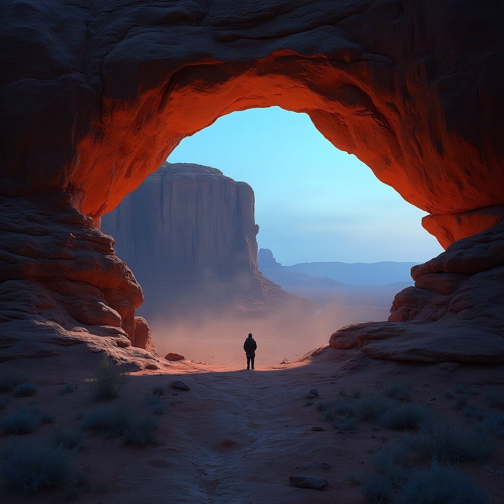 Navajo Arch at dusk, framing a rocky alcove, with a single figure underneath for scale and soft light illuminating the scene
