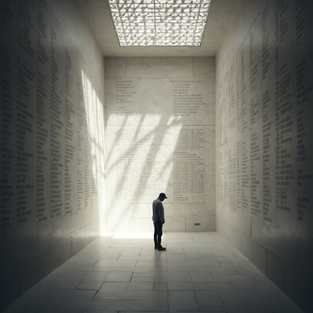 Silhouetted visitor solemnly bowing in front of a marble wall engraved with 1,177 names of fallen crewmen inside the memorial shrine, lit by soft daylight through a lattice ceiling.