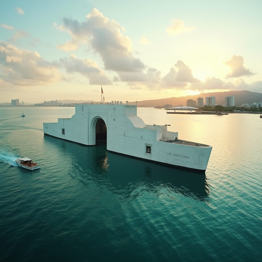 USS Arizona Memorial at golden hour with its reflection in the calm turquoise water, a small NPS tour boat approaching, and distant Honolulu hills in the hazy background