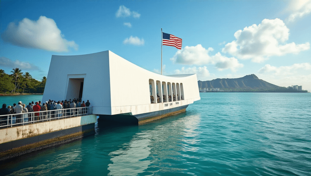 Is the USS Arizona Memorial Worth Visiting in Pearl Harbor? "Visitors at USS Arizona Memorial in Pearl Harbor, Hawaii under a blue sky with American flag flying from the ship's mainmast, faint oil sheens visible on turquoise water, distant hills in the background, in morning light."