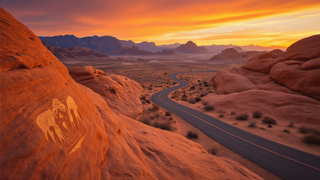 Is Valley of Fire State Park Worth the Drive from Las Vegas? "Golden-hour photograph of Valley of Fire State Park featuring glowing red-orange sandstone domes, slot canyons, ancient petroglyphs, and empty desert road under a vivid desert sky."