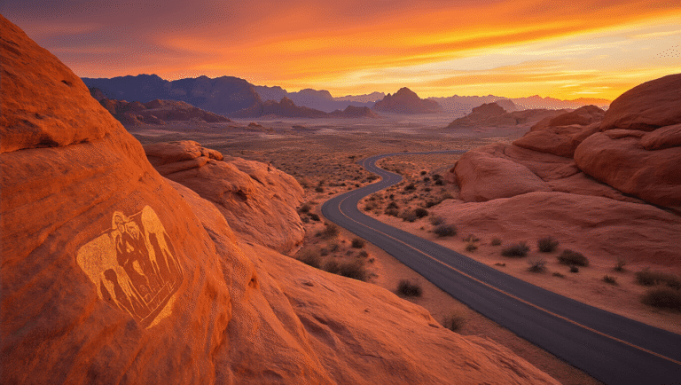 "Golden-hour photograph of Valley of Fire State Park featuring glowing red-orange sandstone domes, slot canyons, ancient petroglyphs, and empty desert road under a vivid desert sky."