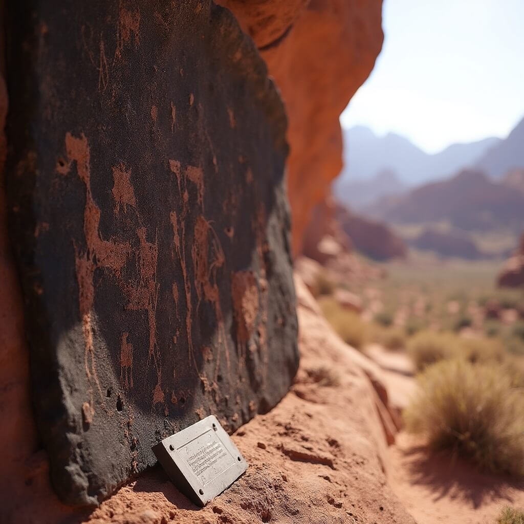 Is Valley of Fire State Park Worth the Drive from Las Vegas? Close-up of ancient petroglyphs on sandstone in Valley of Fire State Park, midday sun highlighting the contrast between the stone surfaces, with bighorn sheep symbols, a nearby interpretive plaque, and hazy desert backdrop.