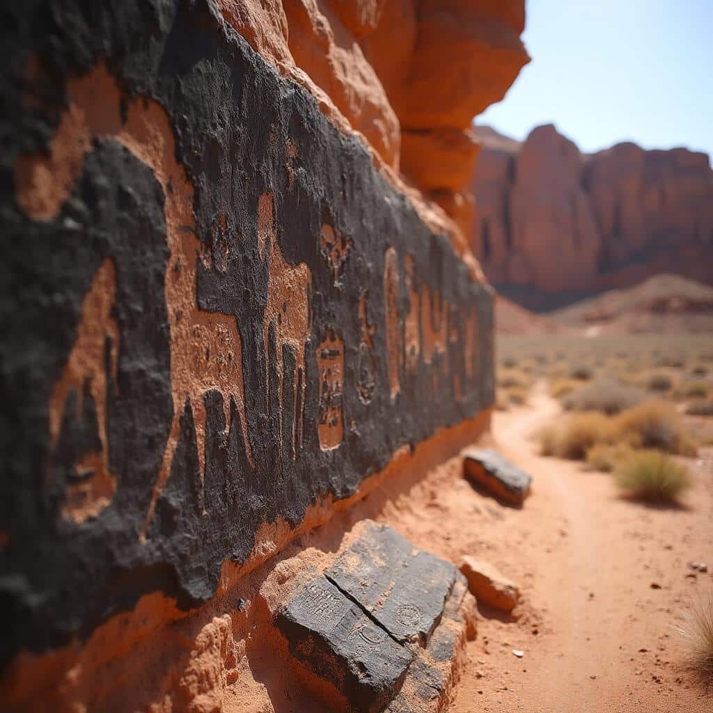 Ancient petroglyphs etched on a blackened sandstone panel in Valley of Fire State Park, with faint images of bighorn sheep and symbols, an interpretive plaque at the base, and hazy red rock desert terrain in the background