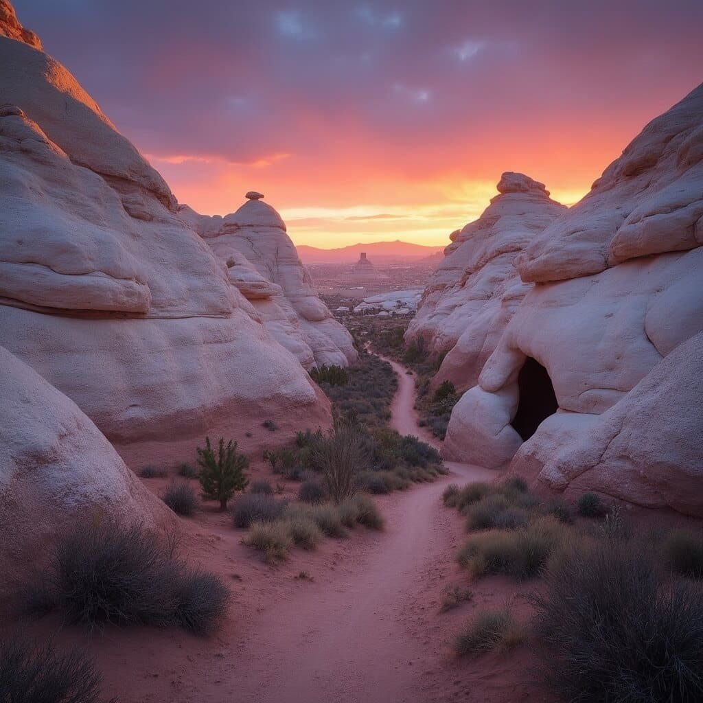 Is Valley of Fire State Park Worth the Drive from Las Vegas? Sunset over the White Domes trail in Valley of Fire State Park with glowing sandstone formations, a slot canyon entrance, and a winding dirt trail.