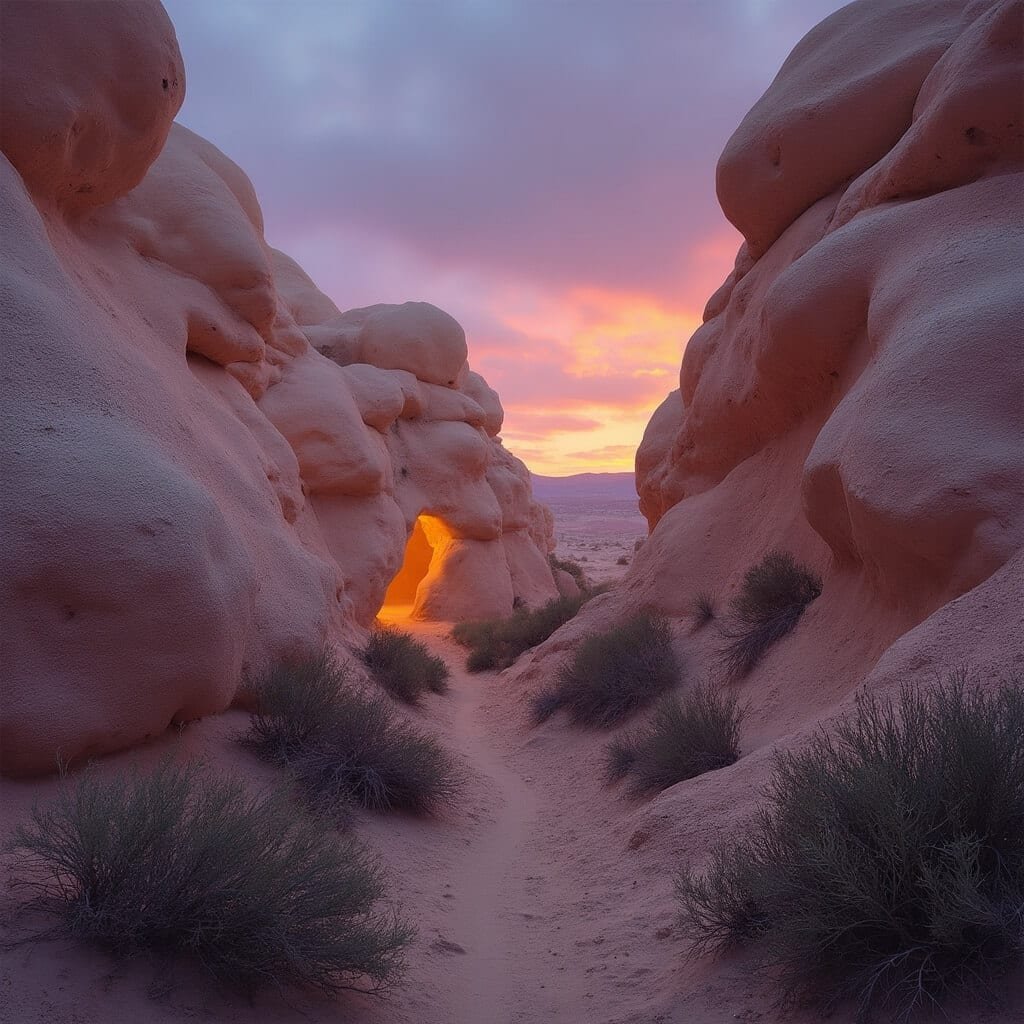 Sunset at White Domes trail, Valley of Fire State Park, highlighting glowing sandstone formations, slot canyon entrance, and winding dirt path with silhouetted desert plants